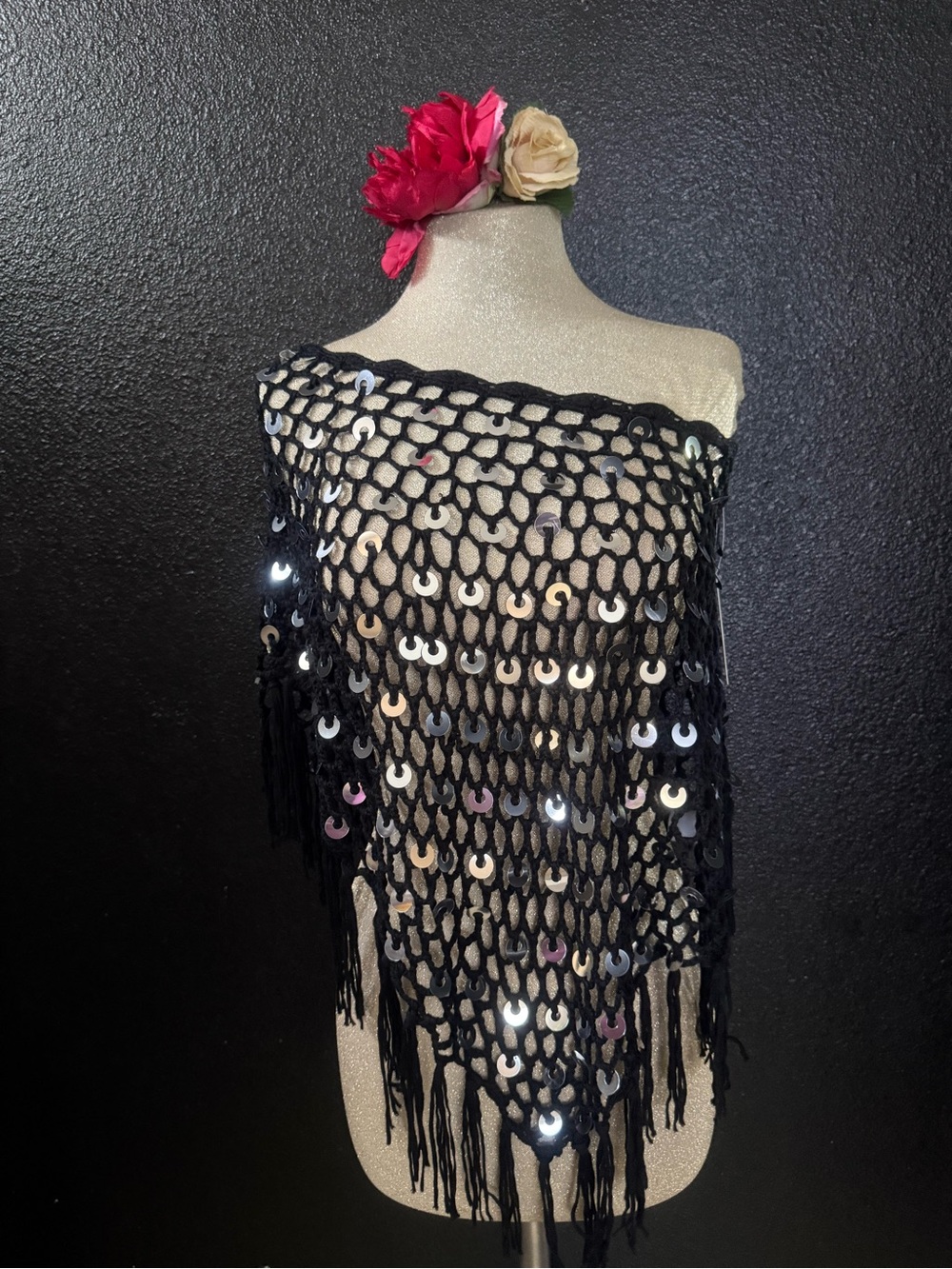 Black Sequin Fringe Crochet Shawl - Women Accessories